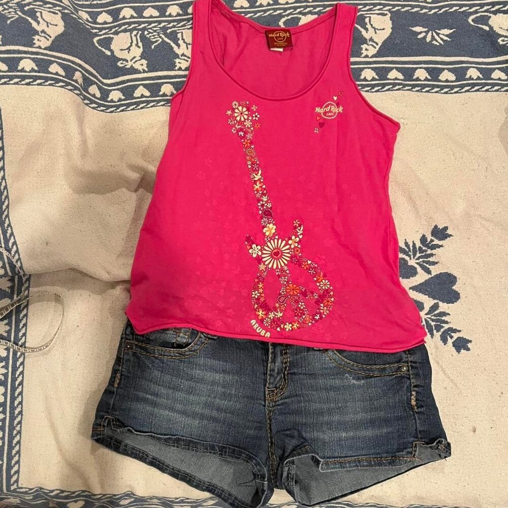 vintage hard rock boho pink floral guitar 'aruba" graphic tank top
